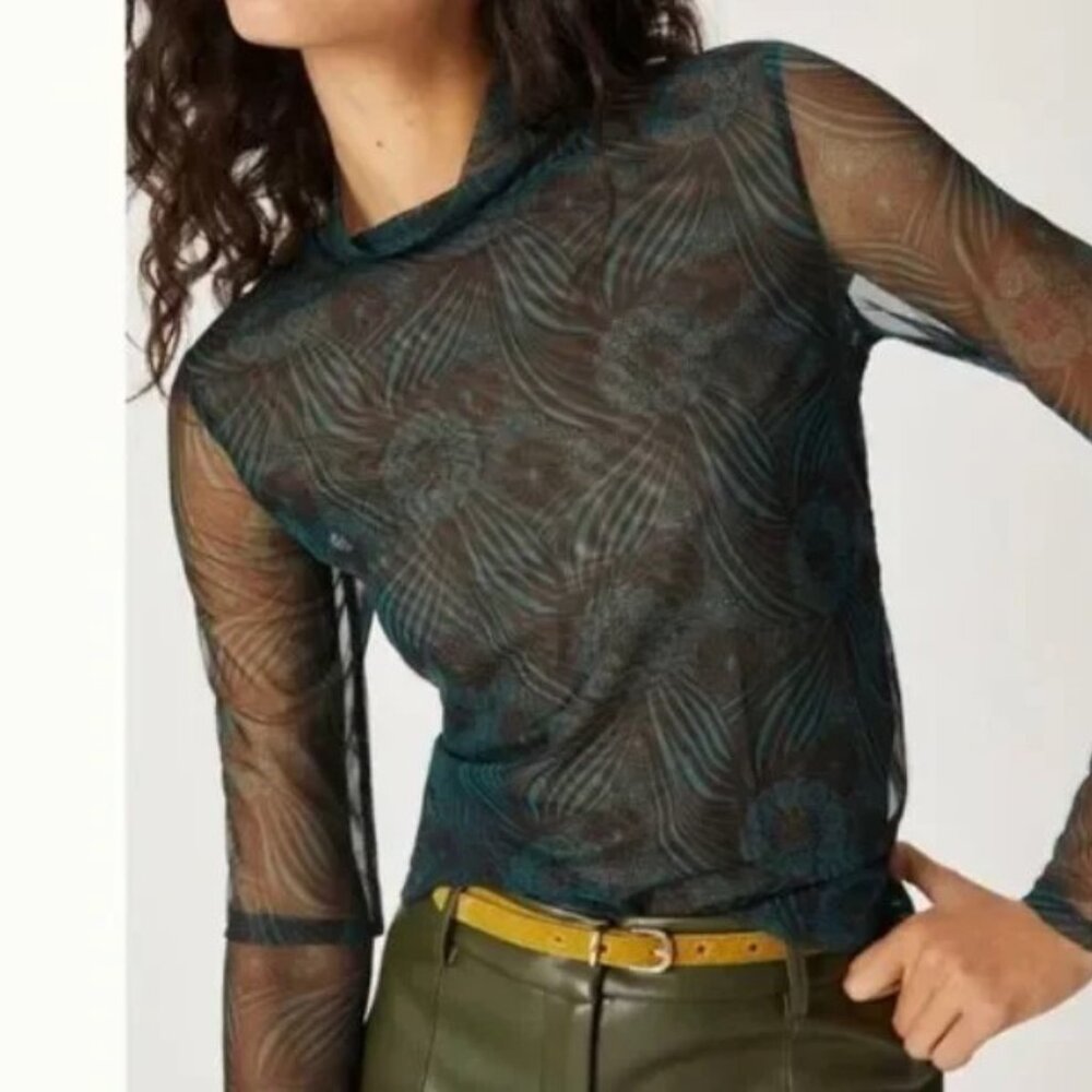 Anthropologie Mesh Turtleneck Top in Green and Black Floral Print, XS